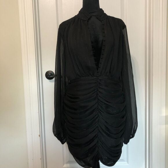 House Of Harlow 1960 Womens Dress Size 10 Black Ruffled Mock Neck Button Up Mini - Picture 1 of 8